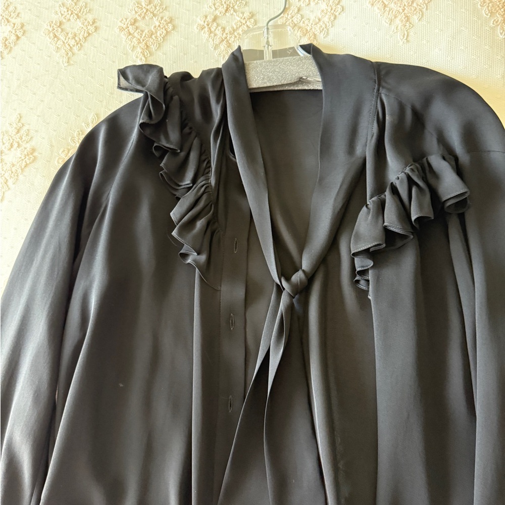 Nili Lotan Black Ruffled Tie Blouse